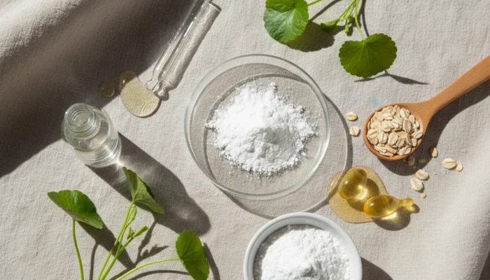 Flat lay of niacinamide, hyaluronic acid, centella asiatica, oats and squalane ingredients for sensitive skin makeup