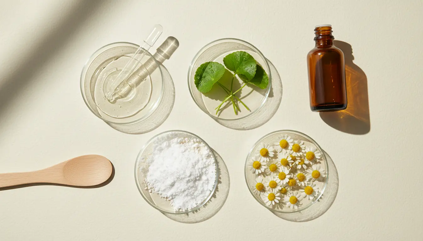 Scientifically backed skincare ingredients including niacinamide, hyaluronic acid, centella asiatica and chamomile on neutral background