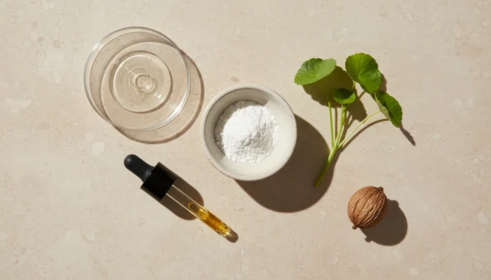 Flat-lay of skincare ingredients — niacinamide, hyaluronic acid, centella asiatica, squalane and bakuchiol — scientifically backed actives in Typology formulas.