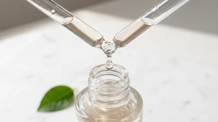 Close-up of a glass dropper releasing a clear serum drop, symbolizing evidence-based skincare and active ingredient concentration.