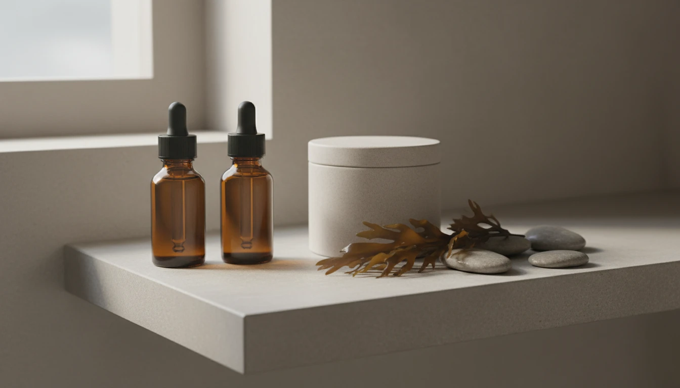 Minimalist seaweed skincare ritual on stone bathroom shelf with amber bottles, ceramic jar and fresh seaweed, coastal wellness beauty brand inspiration