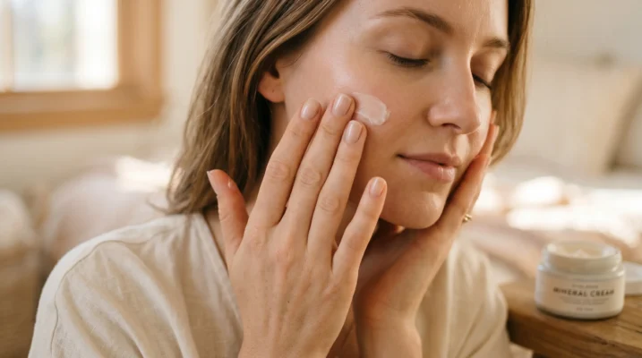 Close-up of a gentle makeup application process for sensitive skin, focusing on barrier-friendly techniques.