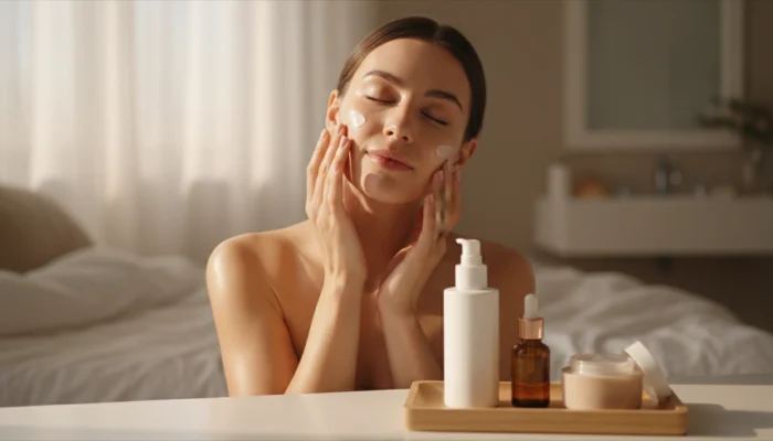 Minimalist sensitive skin routine with three barrier-friendly products and gentle moisturizer application