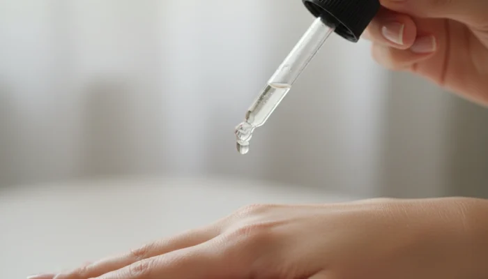 Close-up of a clear serum droplet from a glass dropper applied to healthy natural skin, representing dermatologically backed active ingredients