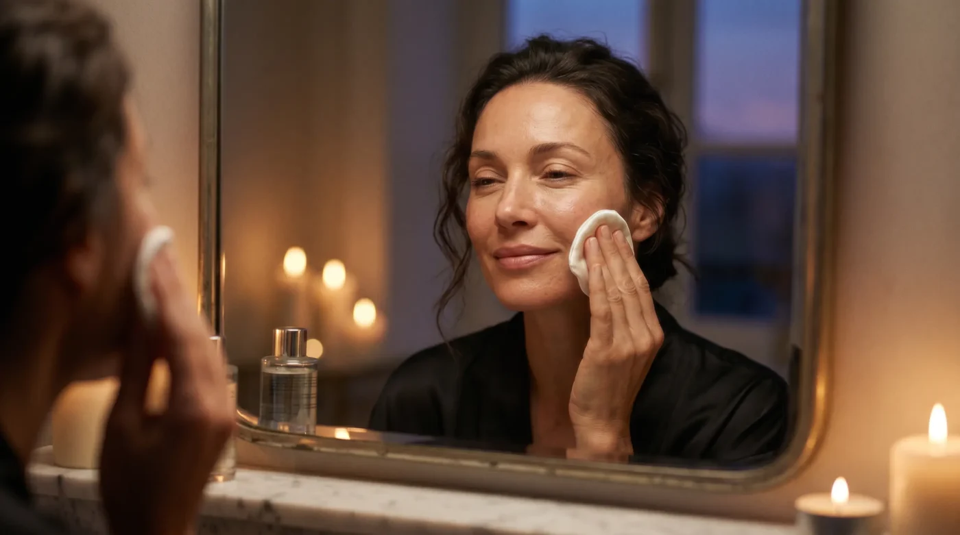 A woman with radiant skin in soft twilight light, reflecting the skin-first approach of serum-infused makeup.
