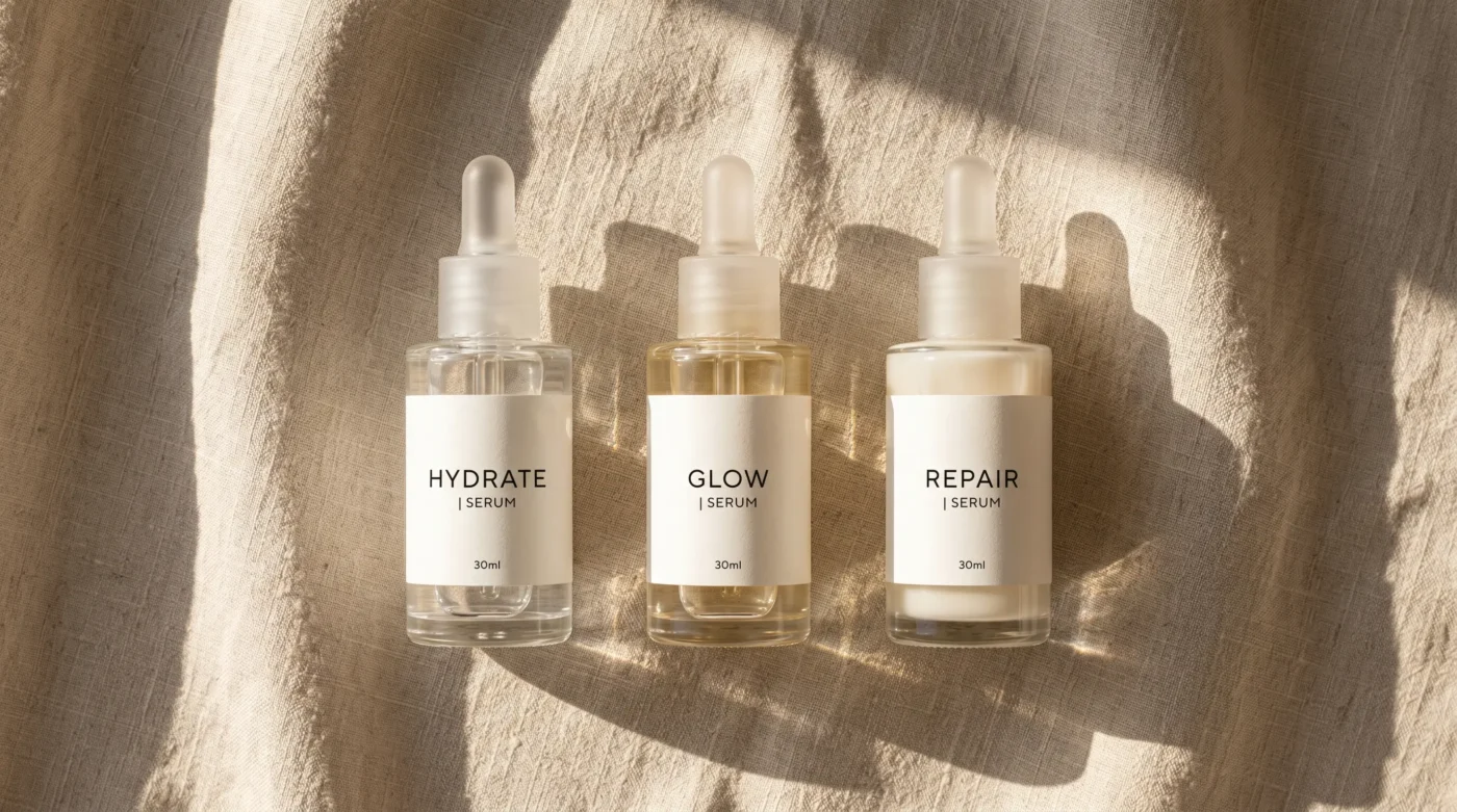 A sophisticated collection of three niche skincare serum bottles resting on beige linen under warm morning sunlight, illustrating a professional skincare routine.