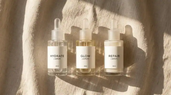 A sophisticated collection of three niche skincare serum bottles resting on beige linen under warm morning sunlight, illustrating a professional skincare routine.