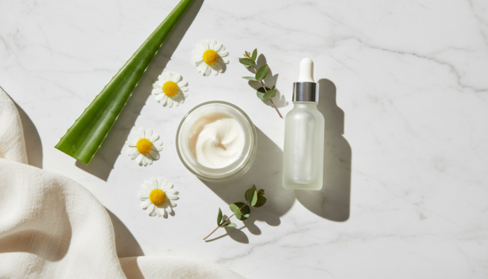 Natural skincare barrier repair ingredients including aloe vera, chamomile and ceramide cream — how to calm sensitive skin