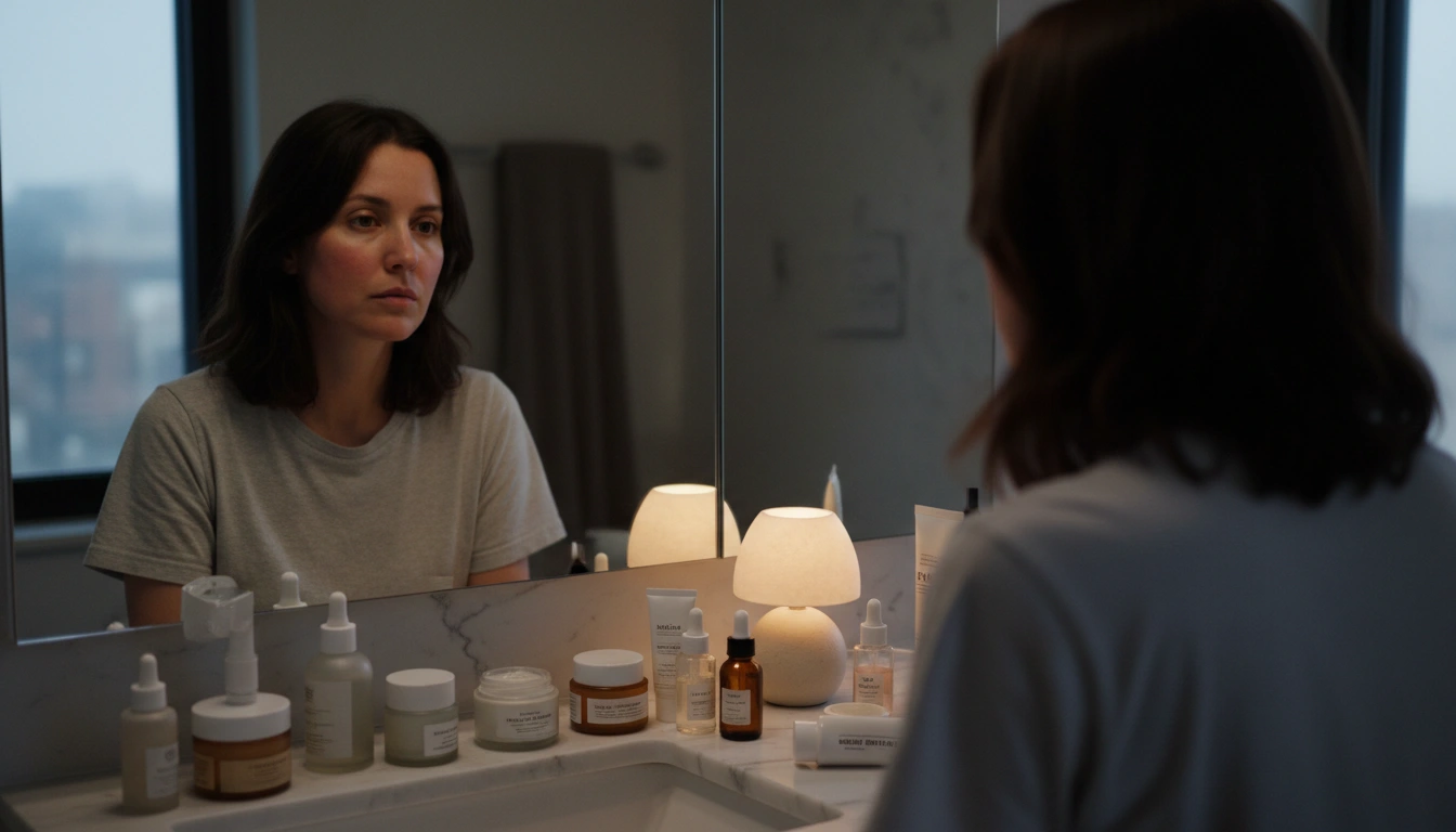 Woman examining her irritated skin in the mirror, surrounded by multiple barrier repair products on the bathroom counter