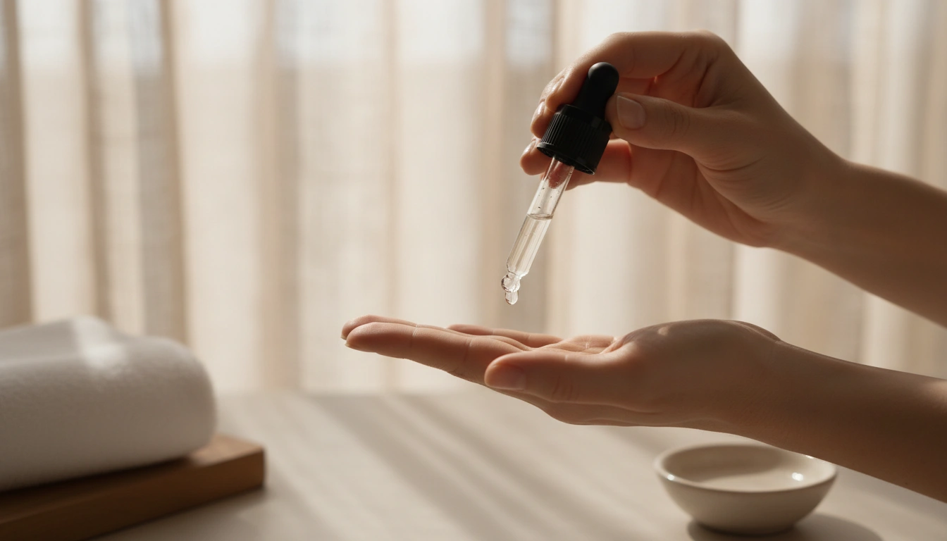 Gentle skin barrier repair routine application with a hydrating serum drop on fingertip in soft morning light