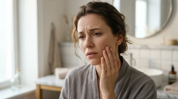 A woman touching her face with concern in soft morning light, representing the first signs of a compromised skin barrier.