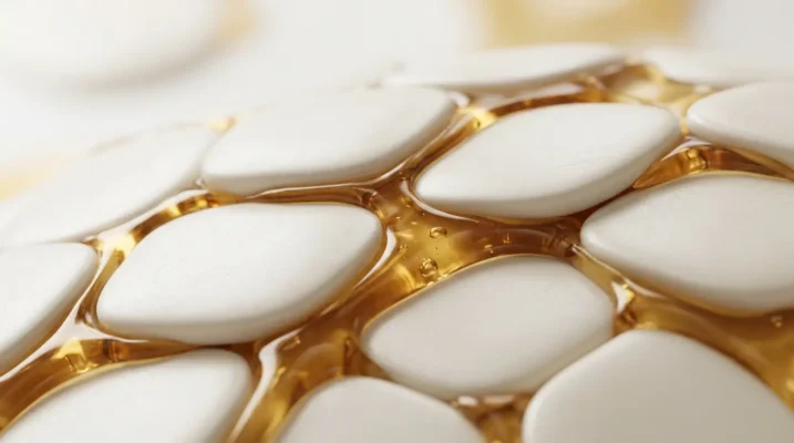 A minimalist macro metaphor of the skin barrier, showing healthy skin cells held together by a rich lipid matrix.