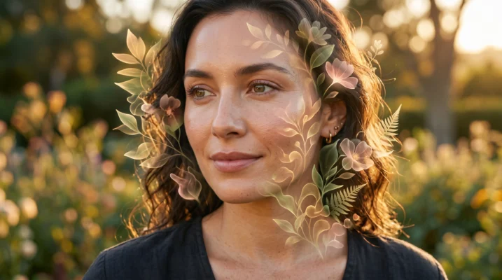 A woman's healthy, glowing complexion with an artistic overlay of a botanical ecosystem, representing a balanced skin microbiome.