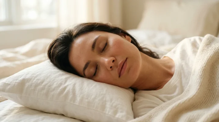 Woman sleeping peacefully on white linen — restorative sleep for skin resilience after stress and burnout recovery