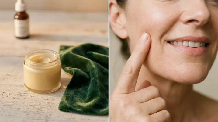 A genuine close-up of a mature woman smiling, with her finger gently pressing her cheek, illustrating the resilient "bounce back" results of a professional anti-aging routine.