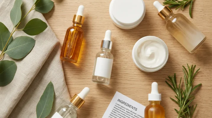 Flat-lay of skincare bottles, an ingredient list, and fresh green herbs on a wooden surface, representing greenwashing in the beauty industry.