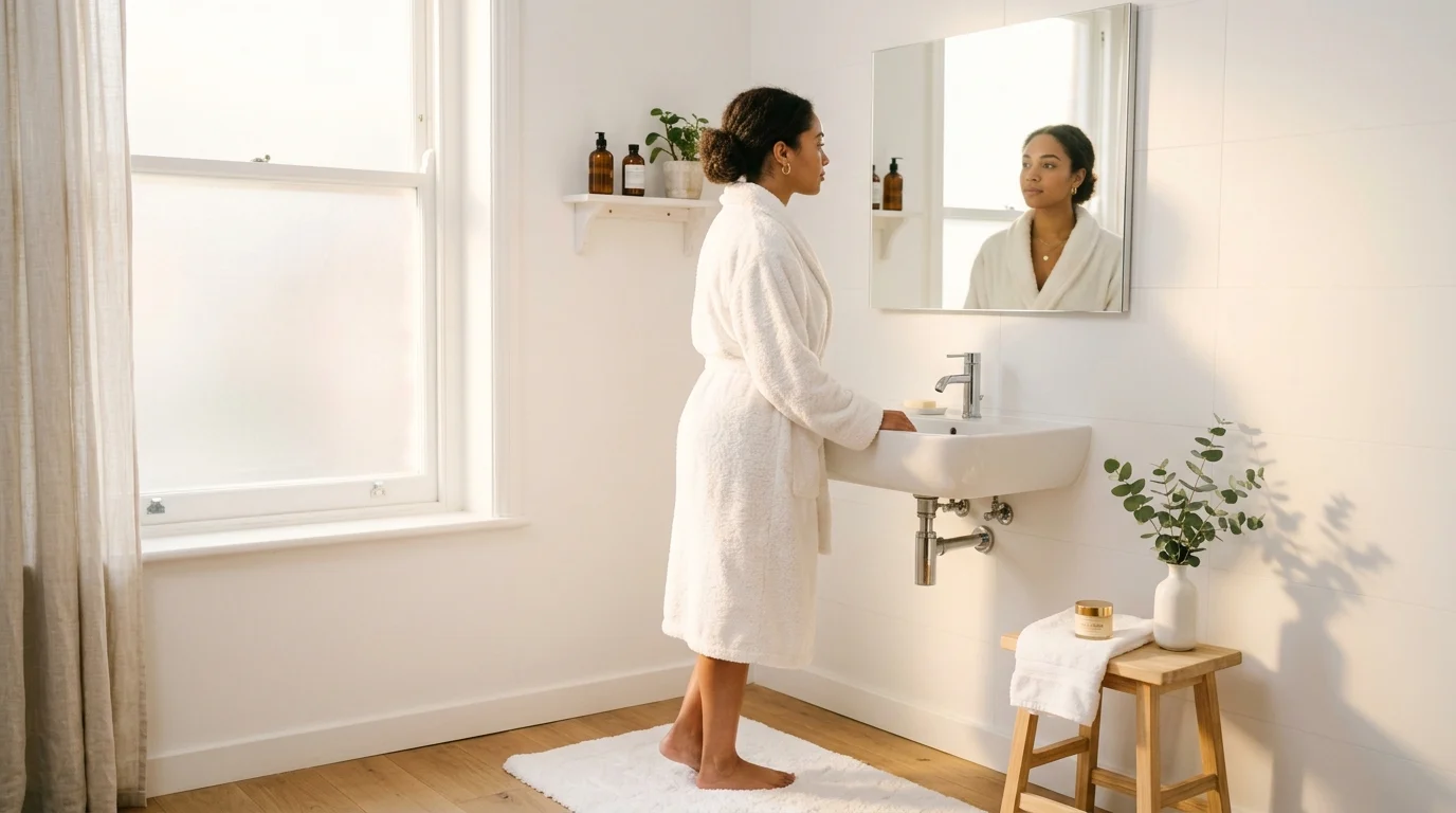 Woman performing skincare routine in bright, minimal bathroom with mirror and natural light.