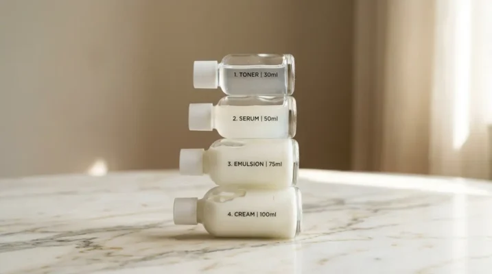A vertical stack of four minimalist skincare bottles, symbolizing the correct "thinnest to thickest" skincare routine order for optimal absorption.