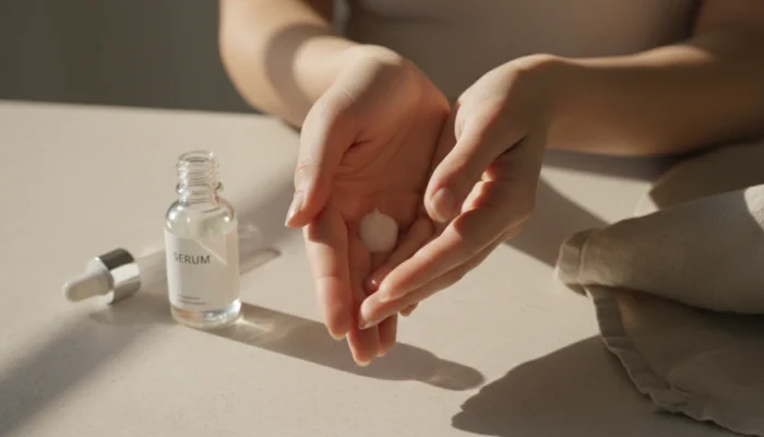 Hands warming cleanser in palms as part of calming slow beauty rituals routine