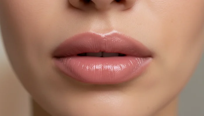 Close-up of hydrated lips wearing a soft dusty rose lipstick — a gentle example of lipstick color psychology and soft beauty aesthetics.