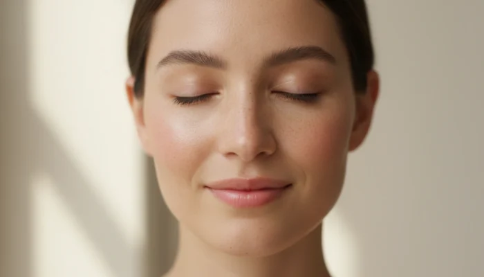 Close-up of soft focus makeup finish with dewy luminous skin and natural freckles