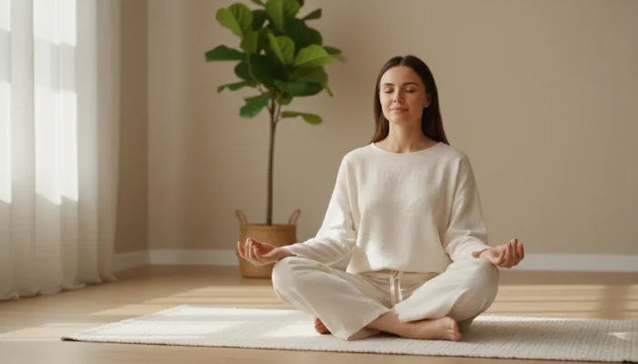 Woman meditating peacefully — stress management and skin-brain connection for dealing with sensitive skin