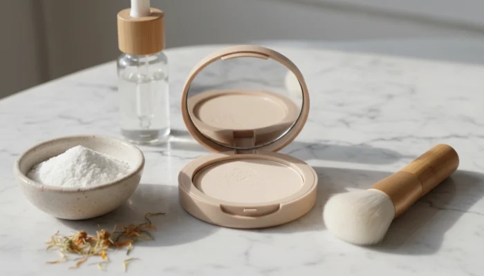 Open talc-free powder makeup compact with rice starch, calendula petals and bamboo brush on marble vanity
