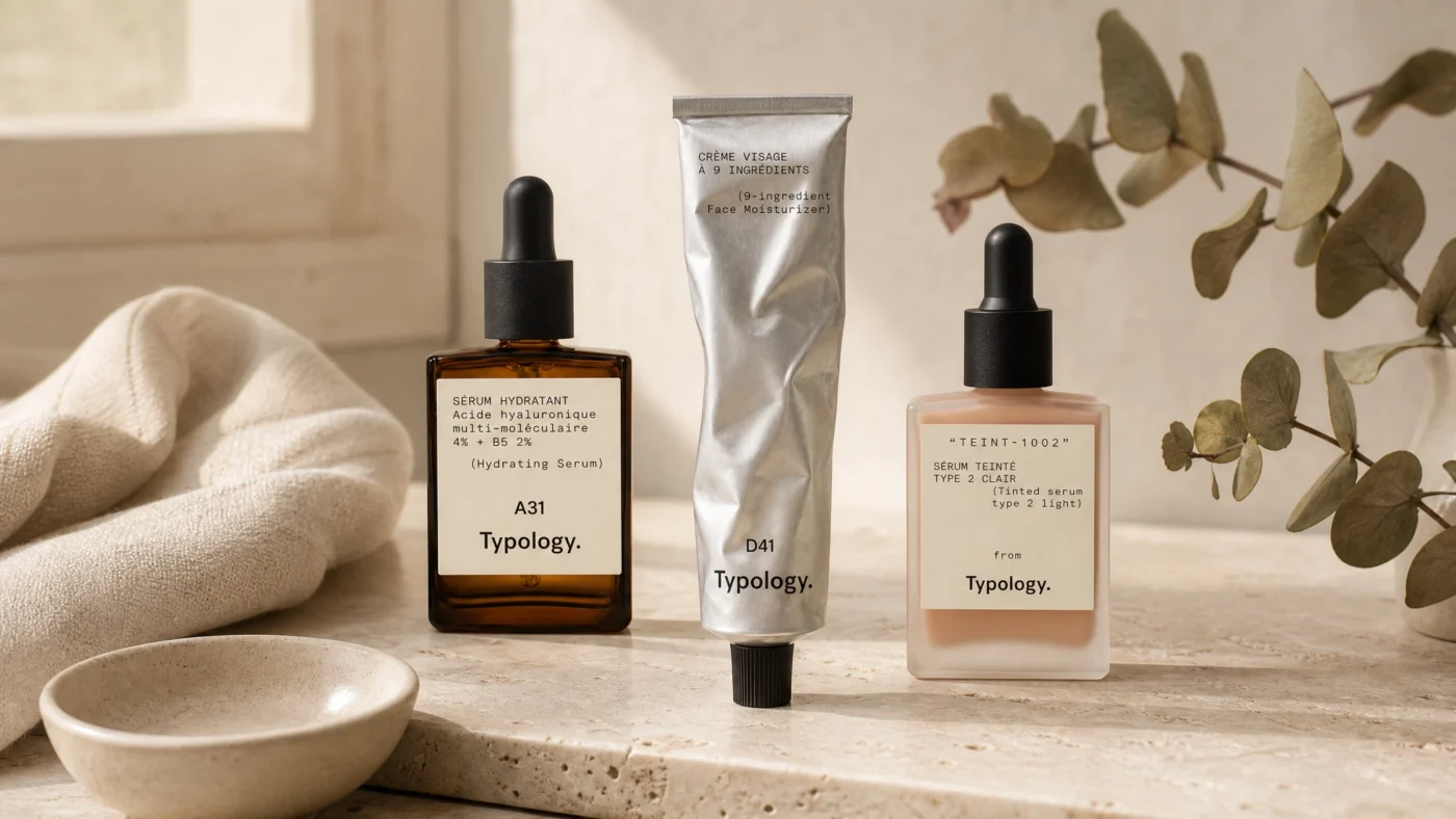 Typology Paris skincare products including A31 hydrating serum, D41 moisturizer and TEINT-1002 tinted serum arranged on a minimalist bathroom shelf — French pharmacy skincare alternative review.