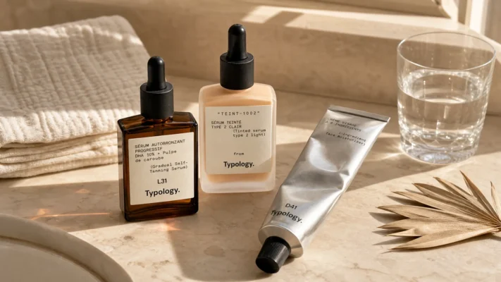 Typology L31 self-tanning serum, TEINT-1002 tinted serum and D41 moisturizer on a marble vanity — Typology Paris sensitive skin routine.
