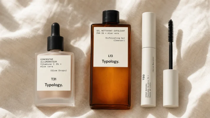 Typology T31 Glow Drops, L13 exfoliating cleanser and T50 serum mascara — Typology skincare review of ingredient-first French formulas.