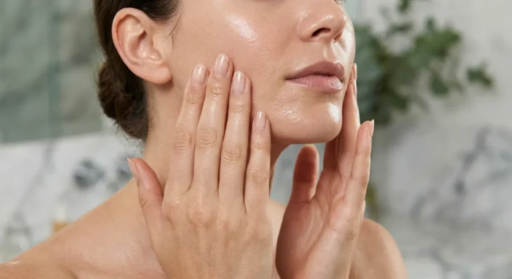 A close-up shot showing a woman’s hands gently applying Vintner’s Daughter Active Botanical Serum to her glowing skin, emphasizing the moisturizing effect and sensory experience.
