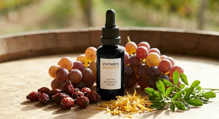 The amber-colored bottle of Vintner's Daughter Active Botanical Serum, surrounded by bunches of fresh grapes, rose hips, marigold petals, and alfalfa leaves on a rustic wooden surface bathed in sunlight.