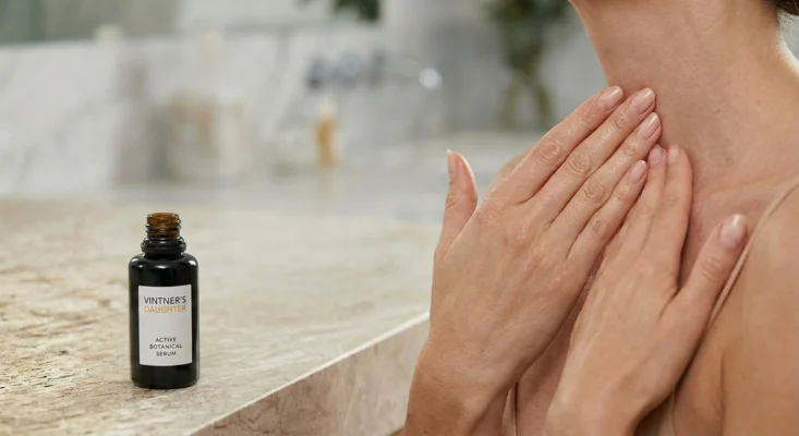 A serene, minimalist photograph showing a woman’s palms, warmed by Vintner’s Daughter serum, gently pressed against her neck and décolletage, demonstrating the brand’s recommended “Push/Press” application method.
