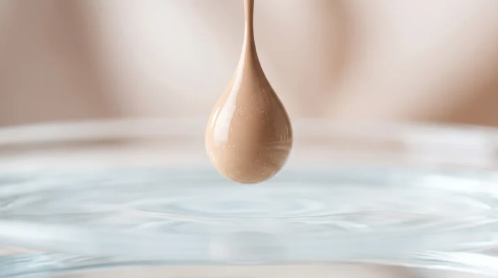Macro shot of a liquid serum-infused foundation drop showing its weightless and fluid texture.