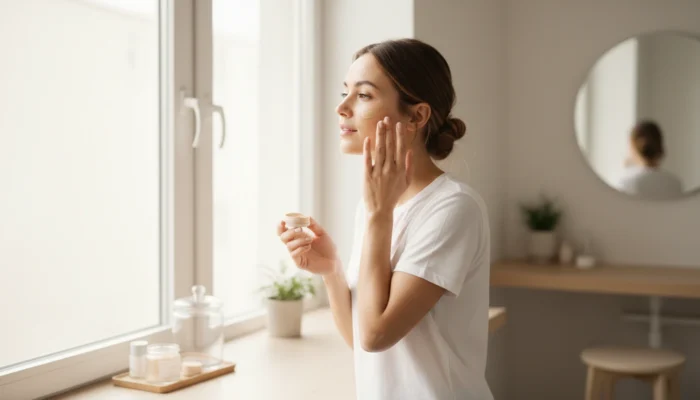 Woman applying tinted mineral sunscreen indoors near a sunlit window as part of her blue light protection routine