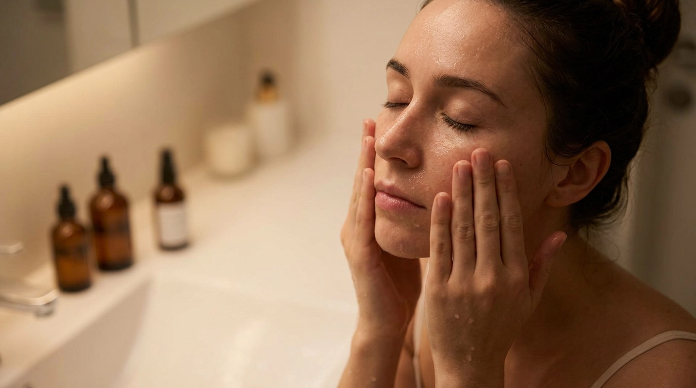 A woman gently cleansing her face in a softly lit bathroom as part of her night skincare routine.