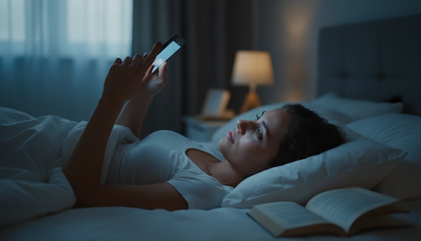 Young woman scrolling on her smartphone in bed at night, face illuminated by blue light from the screen