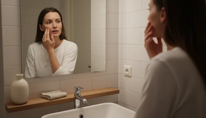 Woman examining sensitive, reactive skin in bathroom mirror during evening skincare routine
