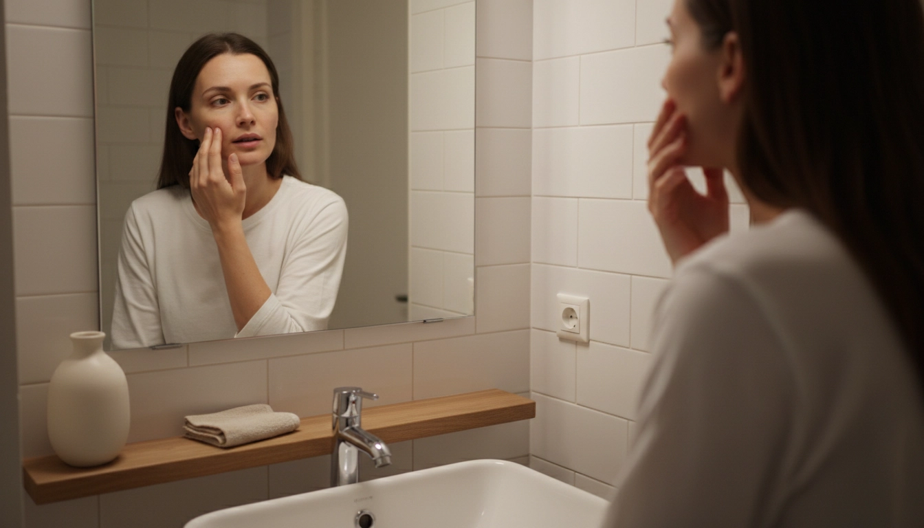 Woman examining sensitive, reactive skin in bathroom mirror during evening skincare routine