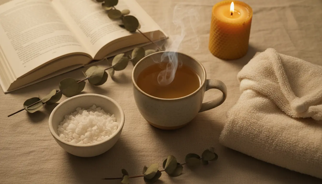 A cozy evening self-care flat lay with herbal tea, magnesium bath flakes, candle and book — a gentle ritual to support sleep and skin.