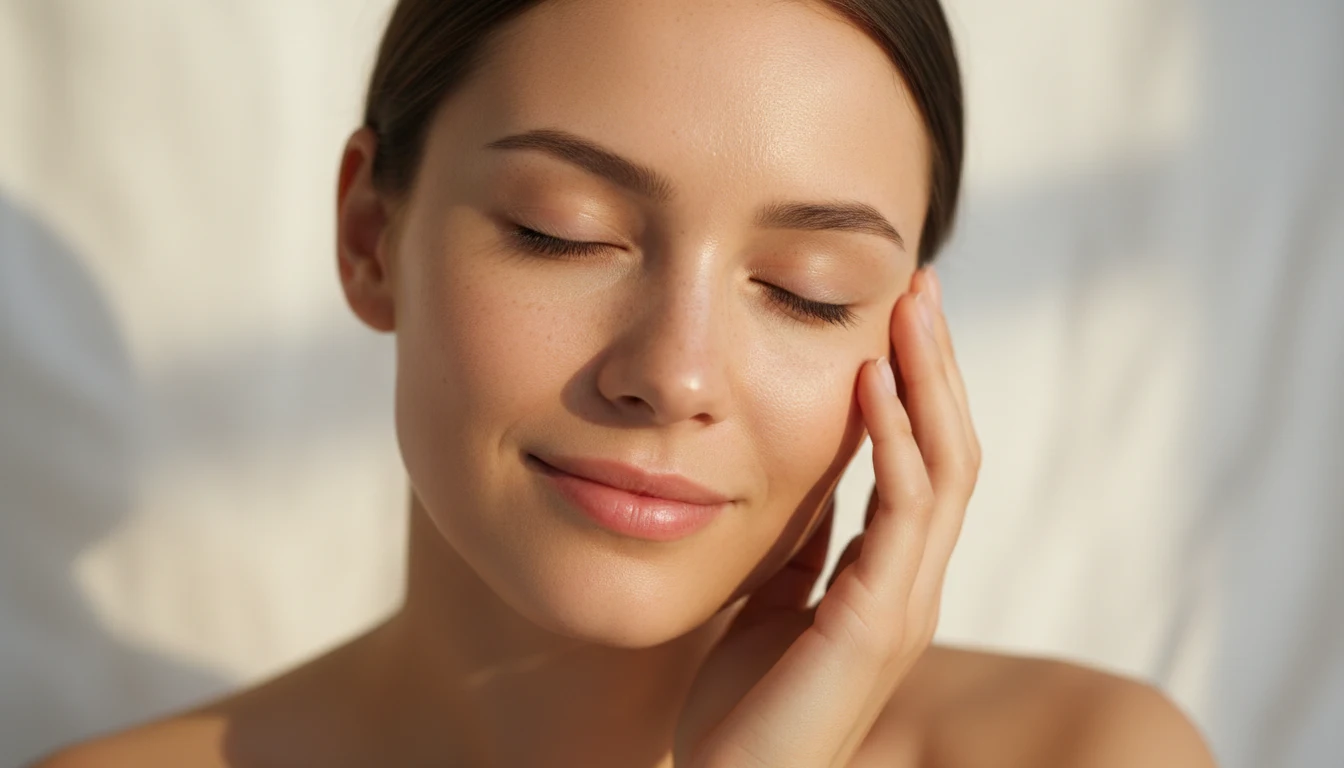 Close-up of a woman's calm, glowing makeup-free skin in morning light, showing the effect of overnight skin repair and quality sleep.