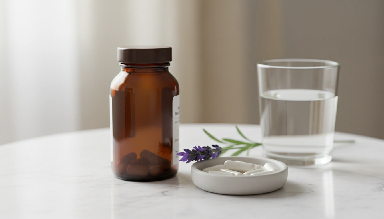 Amber bottle of magnesium glycinate supplements with capsules, lavender, and water — a calming ritual for better sleep and skin.