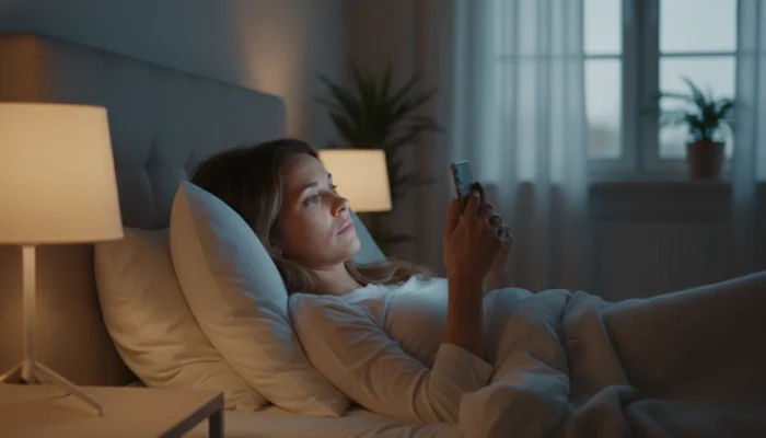 A woman lying awake in bed at night, softly lit by a phone screen, illustrating how magnesium deficiency affects sleep and skin in women.