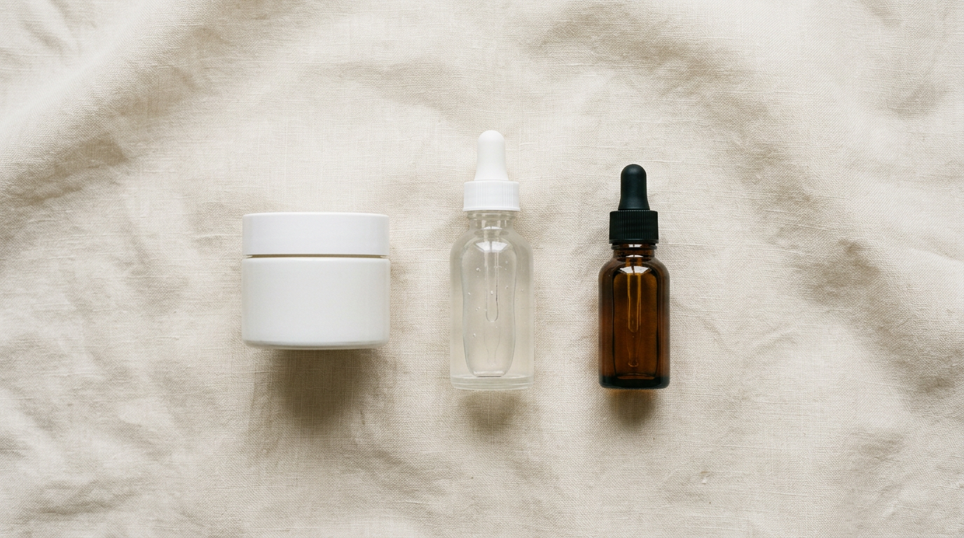 Flat lay of barrier-first skincare products including ceramide moisturiser and serum — skin barrier repair routine