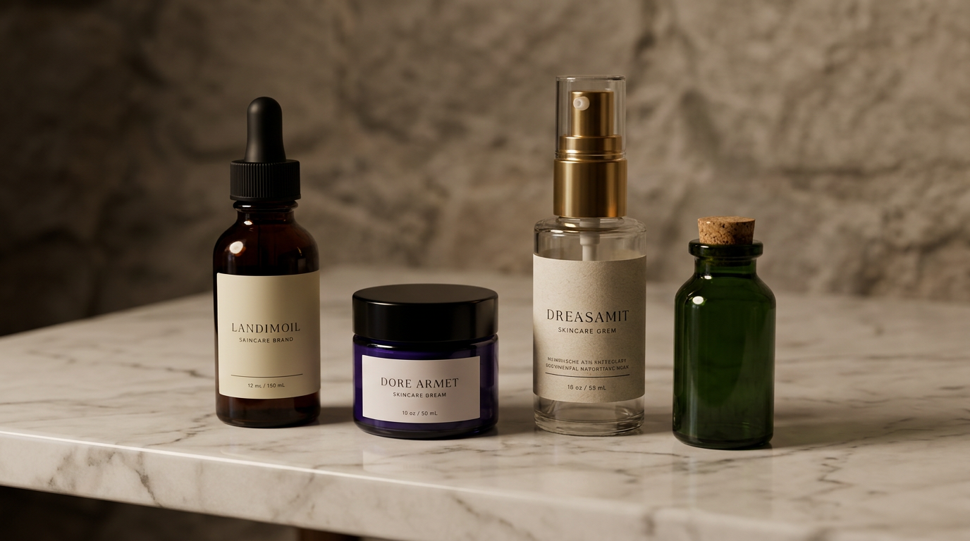 Curated selection of best niche skincare brands with minimal packaging on a marble surface — boutique skincare philosophy