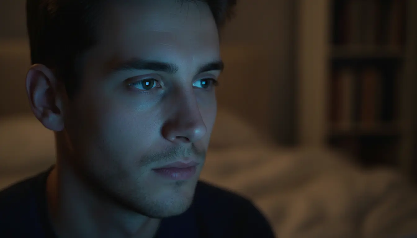Face partially lit by cold blue laptop screen light at night showing how blue light affects circadian rhythm and skin