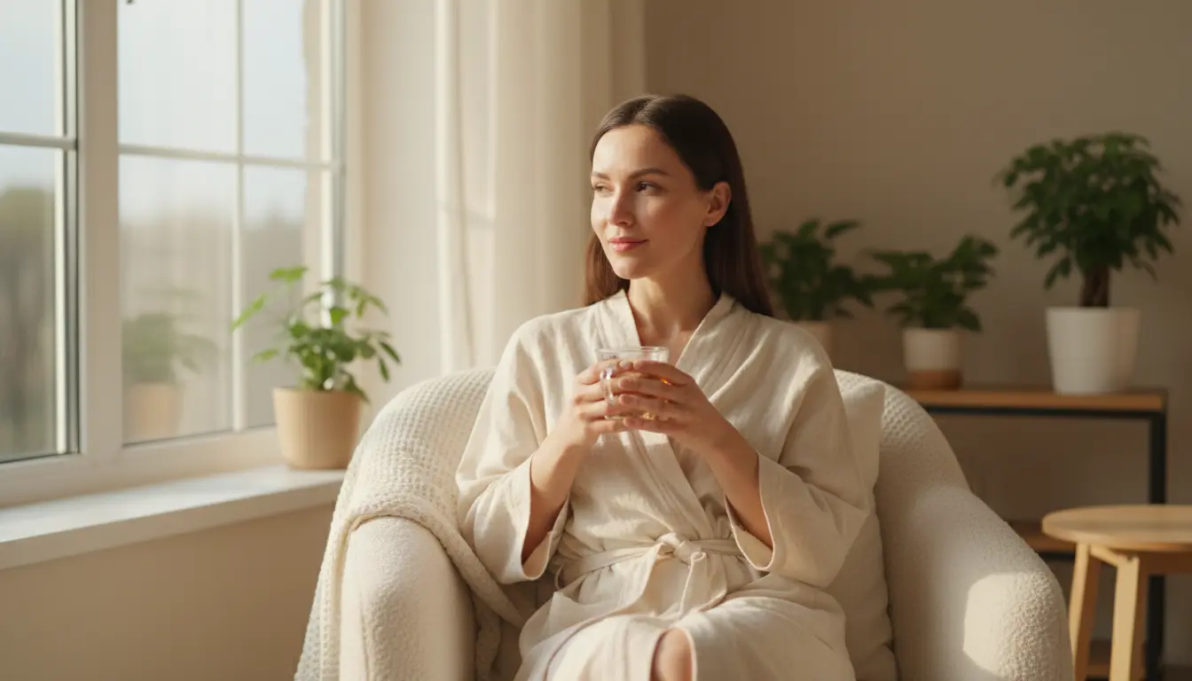 Woman with clear calm skin sitting by window holding herbal tea in soft linen robe, embodying slow wellness lifestyle