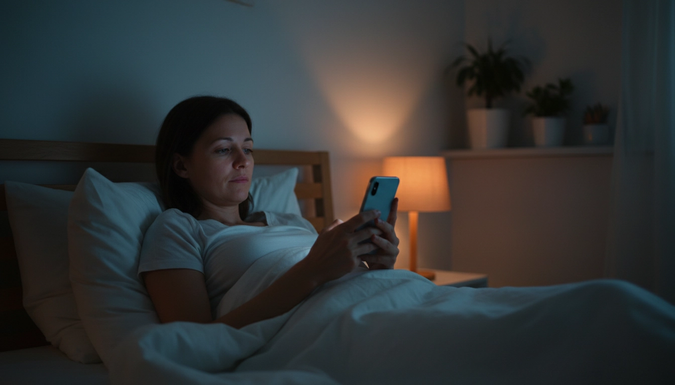 Woman scrolling phone late at night in dim bedroom showing how disrupted circadian rhythm affects skin health