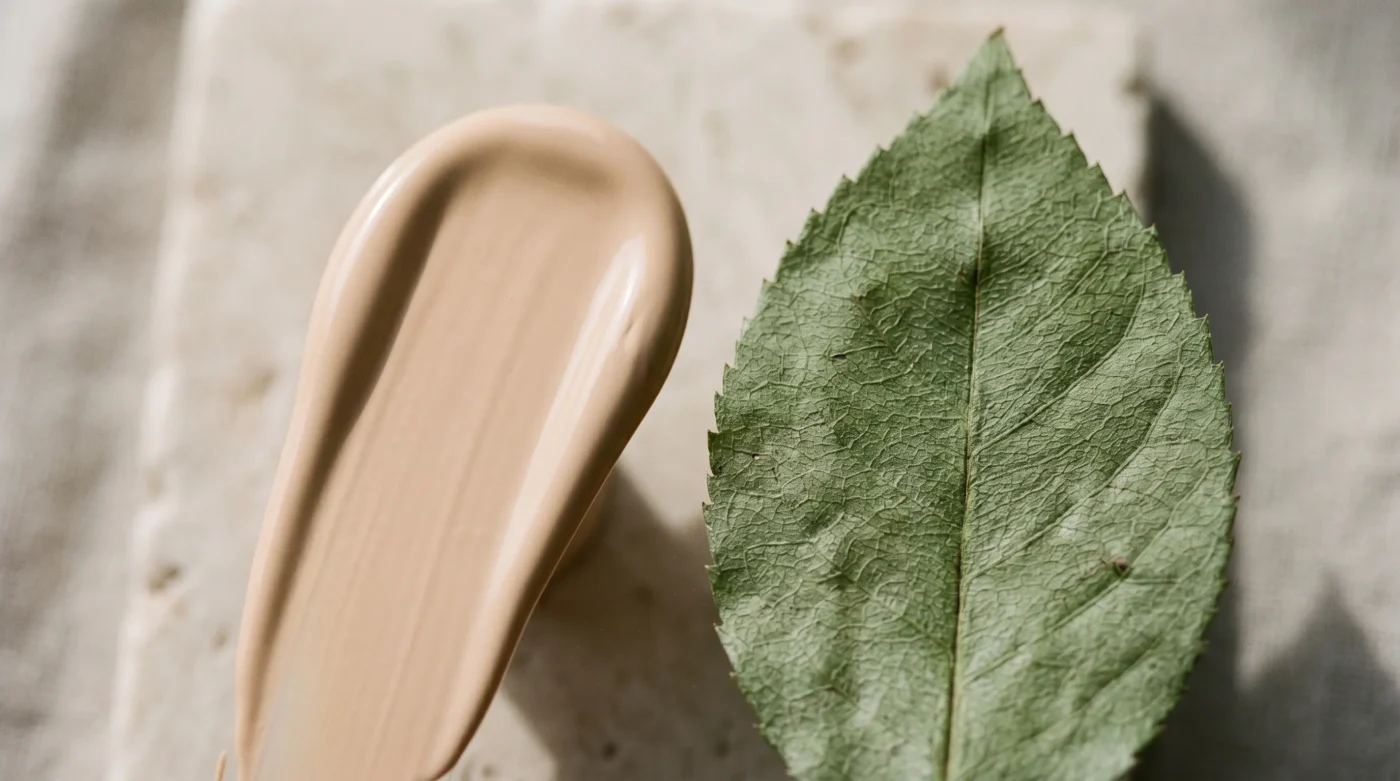 A macro texture comparison of smooth liquid foundation and raw botanical elements analyzing clean beauty ingredients