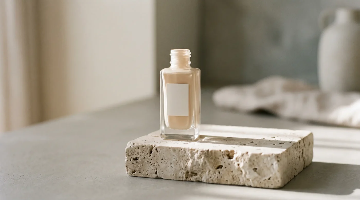 A premium minimalist glass foundation bottle on a raw stone surface representing clean makeup vs traditional makeup debate